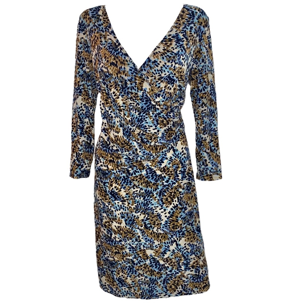 XL 14 Andre Oliver 3/4th Sleeve Stretchy Wrap Style V Neck Splatter Print Dress